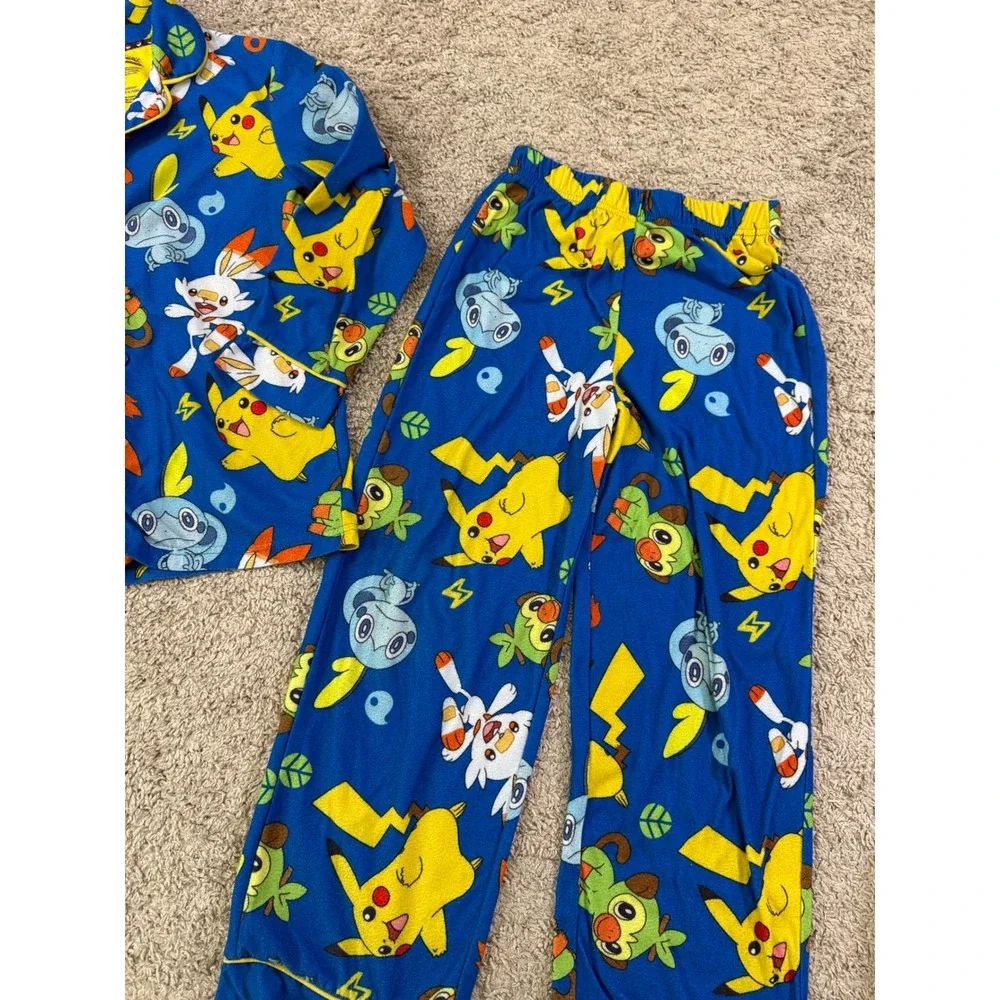 Pokemon Pajama‎ Set Size 8 Blue Pikachu Scorbunny Fleece Button Down Sleepwear